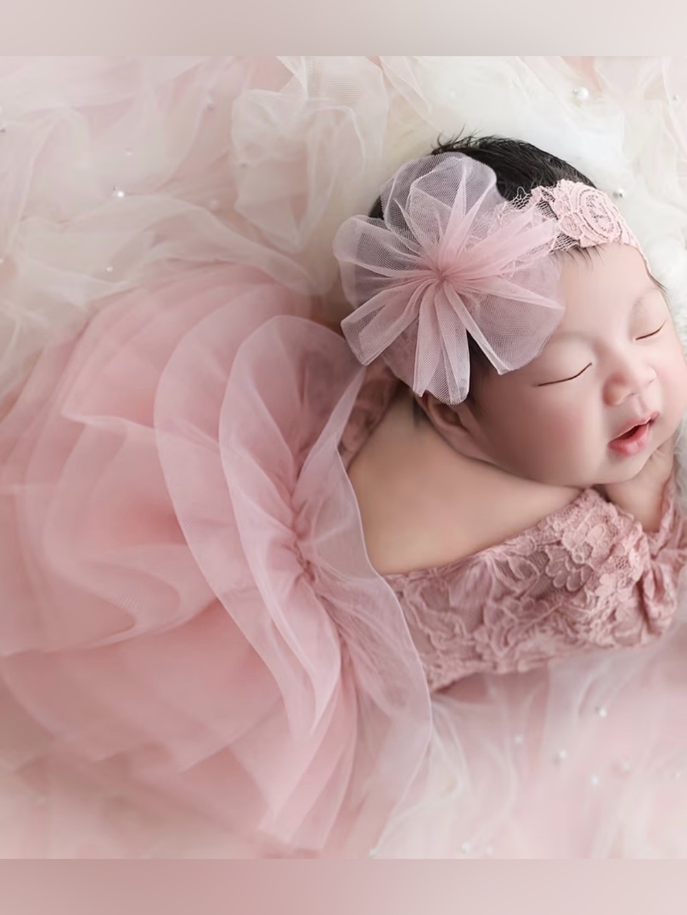Soft Pink Tulle Baby Headband with Flower Accent